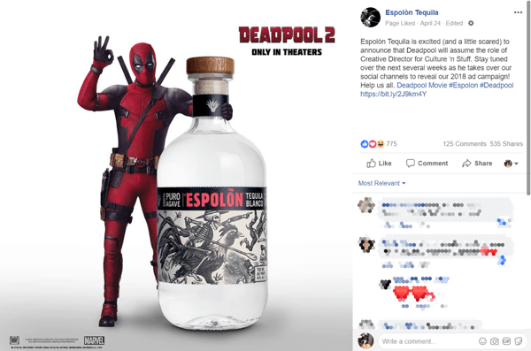 Deadpooli ülevõtmise varajane sumin pani inimesi Espolòni kaubamärgist rääkima ja seda jagama.