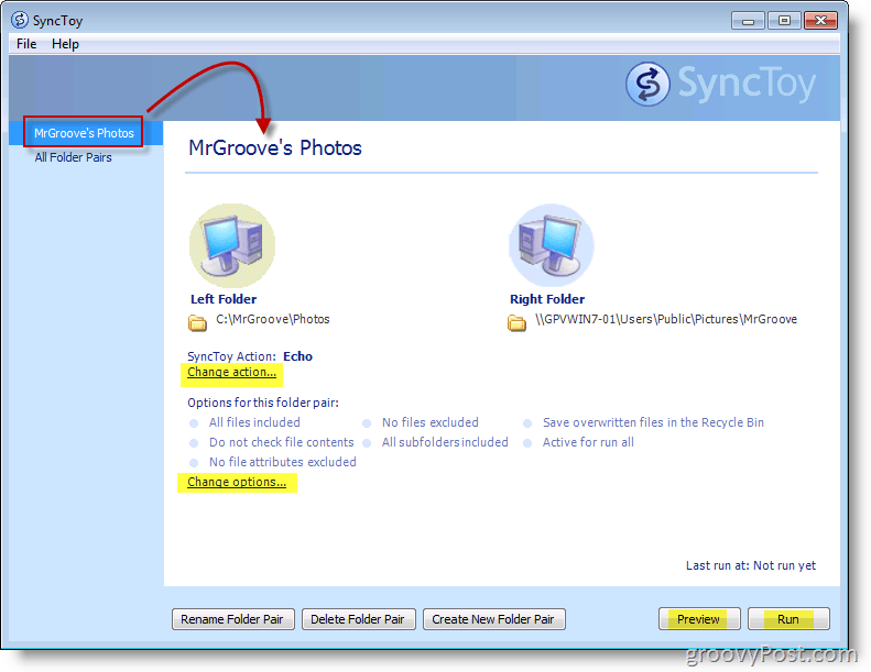 Microsofti SyncToy põhimenüü ekraanipilt