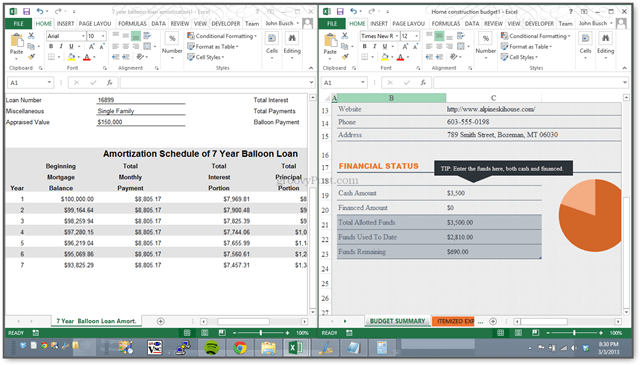 Uus! Excel 2013 võimaldab teil vaadata tabeleid eraldi Windowsiga kõrvuti