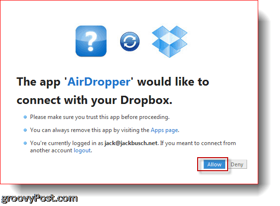 AirDropper Dropbox - ühendage rakendus Dropboxiga