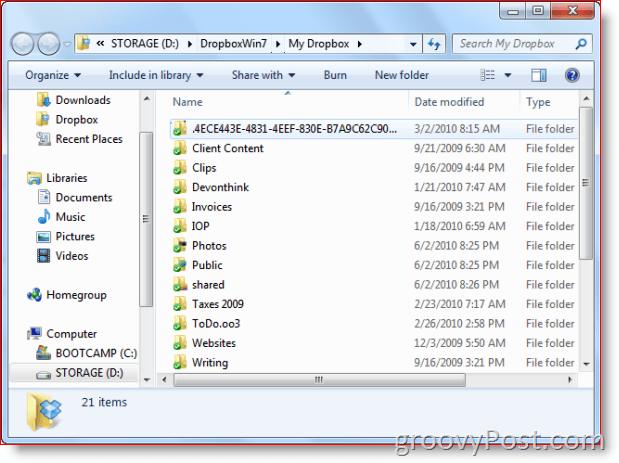 Dropboxi kaust Windows 7 vaade