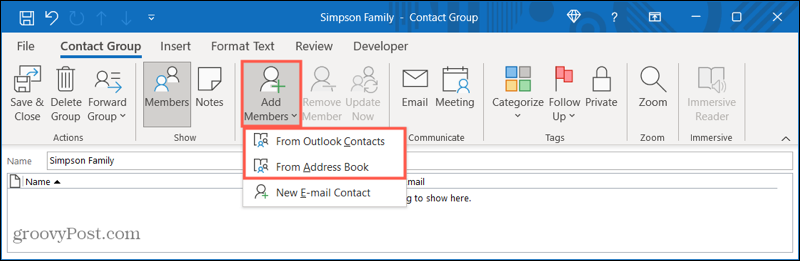 Liikmete lisamine Outlooki uude kontaktirühma