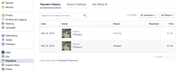 kliendid näevad tellimusi facebooki seadete maksete jaotises