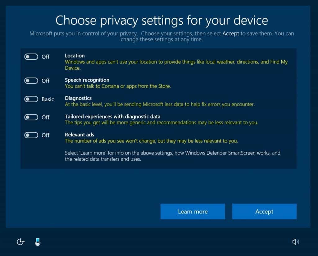 Windows 10, Privaatsus, loojate värskendus, OOBE