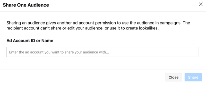 facebooki reklaamihaldur jagab kohandatud vaatajaskonda> jagab ühte vaatajaskonna menüüd võimalusega lisada reklaamikonto ID või nimi