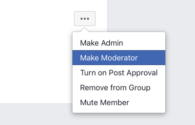 Kuidas parandada oma Facebooki grupi kogukonda, Facebooki grupi menüüvalik, et muuta liige moderaatoriks 