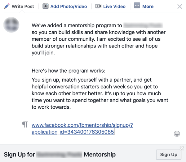 Kuidas oma Facebooki grupi kogukonda paremaks muuta, näide Facebooki mentorlusprogrammi grupiteatest