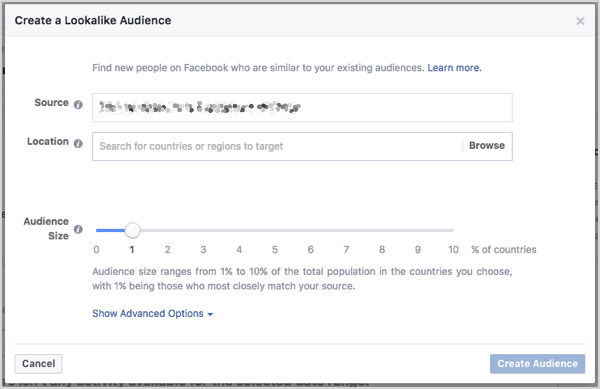 Määrake Facebooki sarnane vaatajaskonna suurus. Suurust saate juhtida sihtrühma loomisel kuvatava liuguriga.
