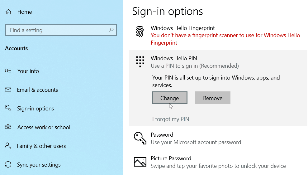 muuda lisage PIN-kood Windows 10