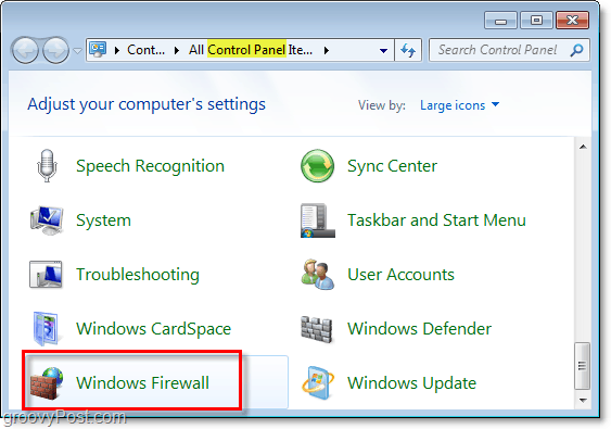 avage juhtpaneelil Windowsi tulemüür Windows 7-s