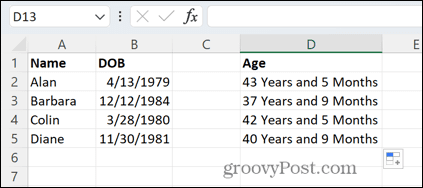 Exceli vanus aastates ja kuudes