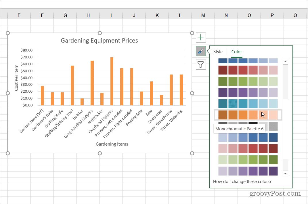 Muutke Exceli värvistiili ribadiagrammi