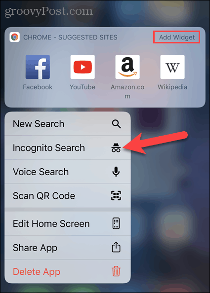 Puudutage iOS-i Chrome'i rakenduse ikoonil uut inkognito vahelehte