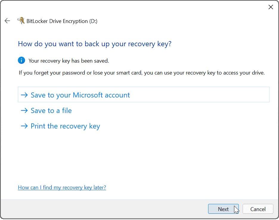 kasutage Windows 11 taastevõtme kasutamiseks bitlockerit