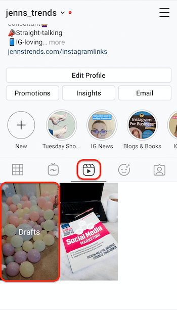 Instagrami vahekaartide ekraanipilt profiilil, millel on rullide mustandite kohahoidja