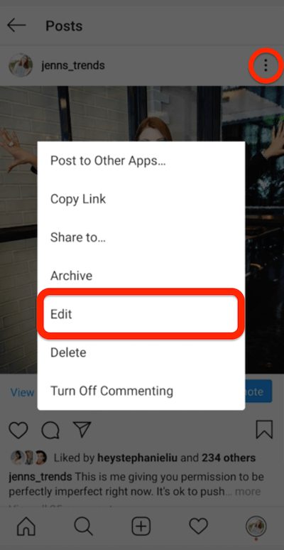 kolme punktiga menüü Instagrami postituse jaoks, mis näitab postituse muutmise võimalust