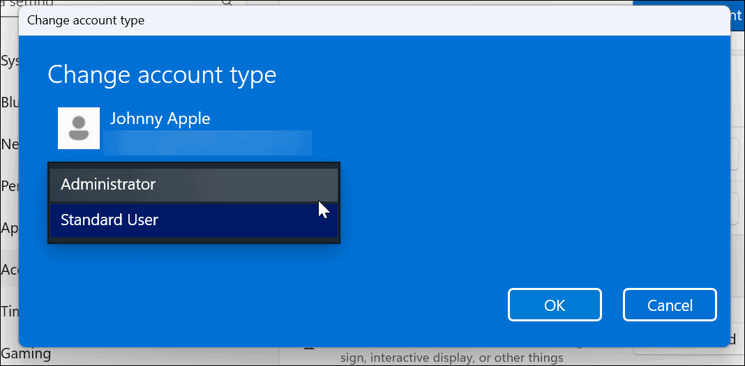 Konto tüübi muutmine opsüsteemis Windows 11