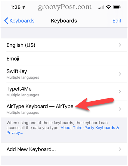 Toksake iPhone'i klaviatuuride loendis AirType'i klaviatuur