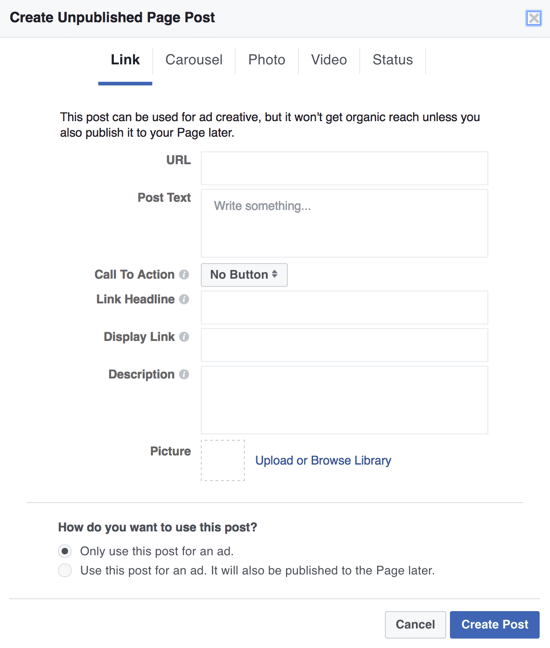 Reklaamidena Facebooki tumedate postituste loomiseks võite kasutada Power Editori ja valida Kasuta reklaami jaoks ainult seda postitust.
