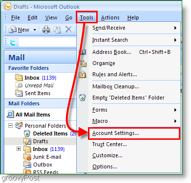 Outlook 2007 kalendri ekraanipilt - konto seaded