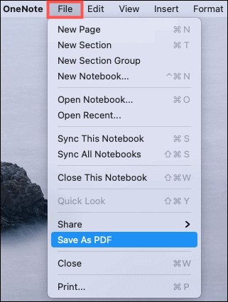 Salvesta PDF -failina OneNote Mac