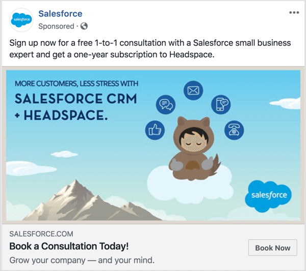 Selles Facebooki reklaamis tõmbab lugejaid kohe märki "Kasva oma ettevõtet - ja meelt"