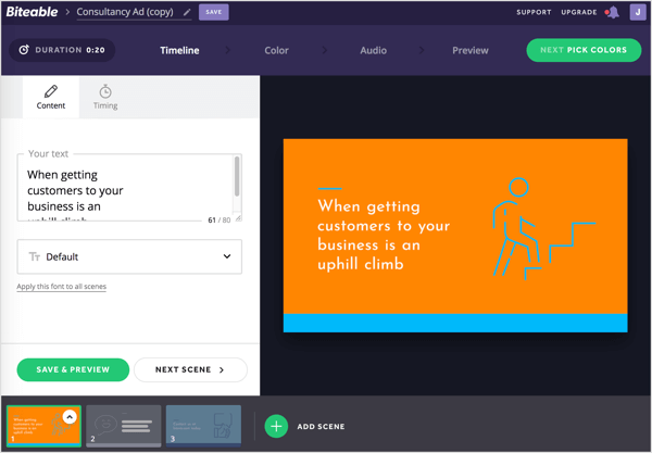 Kohandage teksti ja stseeni Biteable ajaskaala kaudu.