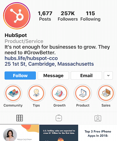 Instagram tõstab HubSpoti profiilil esile albumeid