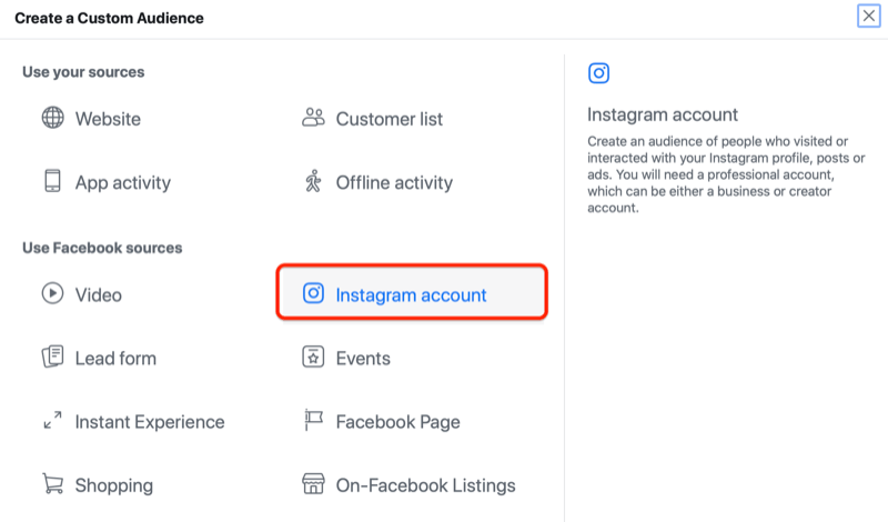 facebooki reklaamihaldur loob kohandatud vaatajaskonna menüü, kus instagrami konto valik on esile tõstetud