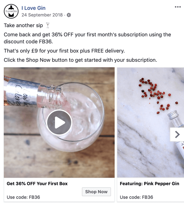Kuidas luua Facebooki jõukohaseid reklaame, 8. samm, näide reklaamist, mille autor on I Love Gin