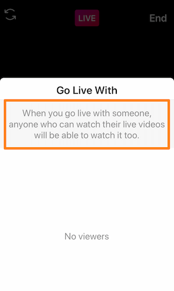 Instagram Live'i ekraanipilt, kus kuvatakse sõnum. Kui lähete kellegagi otseülekandele, saavad seda vaadata ka kõik, kes saavad vaadata nende reaalajas videoid.