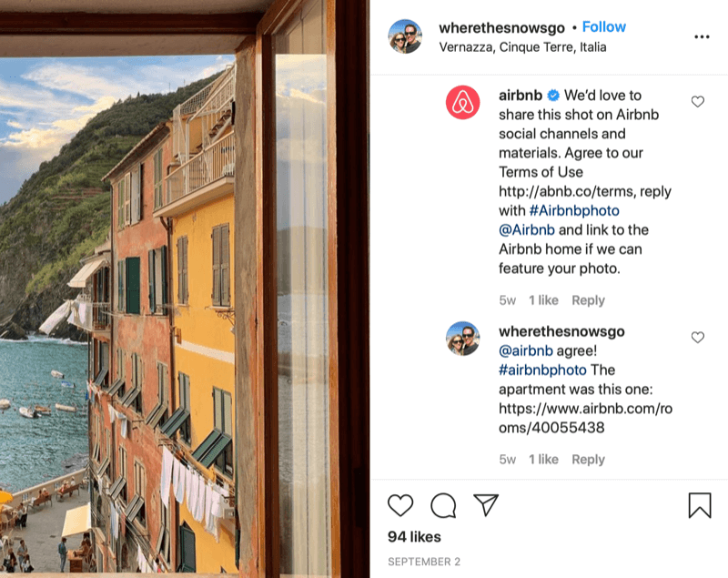 instagrami kirjalik repostimise loa näide @wherethesnowsgo ja @airbnb vahel koos airbnb-ga, paludes jagada foto ja teave kinnituse andmise kohta ning @wherethesnowsgo vastus, mis lubab teenuse edasijagamist pilt