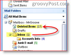 Outlook 2007 ekraanipilt, mis selgitab, et kustutatud üksused teisaldatakse kustutatud üksuste kausta