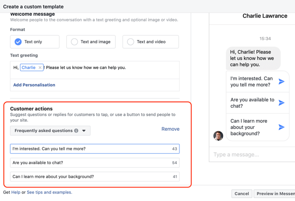 Kuidas veebisaidi külastajaid teisendada Facebook Messengeri reklaamidega, 4. samm, kliendi toimingute koopia näide