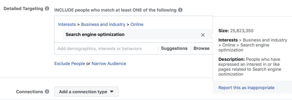 Näide tavapärasest facebooki sihtimisest huviga Otsingumootori optimeerimine, mille tulemuseks on liiga suur vaatajaskond, 25 miljonit.