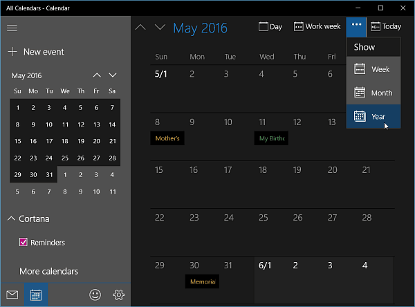 Kalendrirakendus operatsioonisüsteemile Windows 10 Insider Build 11099 saab aastavaate