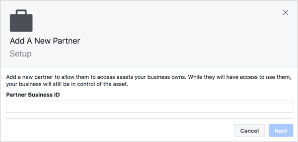 Konto juurdepääsu jagamiseks oma Facebooki lehtedele paluge kliendil lisada teid oma ärihaldurisse partnerina.