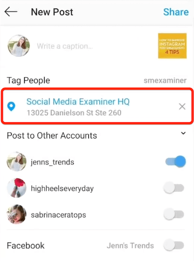 instagrami uus postitusvalik, mis näitab sildistamiseks valitud asukohta