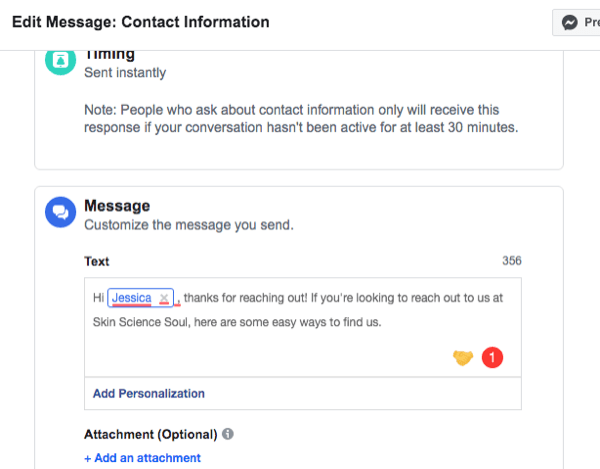 ekraanipilt Facebook Messengeri kontaktteabe automaatse vastuse häälestusliidesest