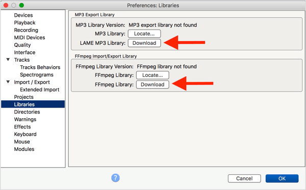 Installige lisavarustusse kuuluv LAME MP3 kooder ja FFmpegi teek koos Audacityga.