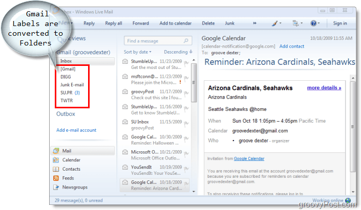 e-posti klient Windows Live'i posti jaoks, gmaili sildid teisendatakse Windows Live'i posti kaustadesse