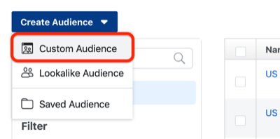 1. samm, kuidas luua Facebooki kohandatud vaatajaskond
