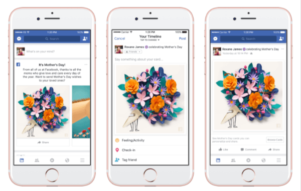 Facebook rullis Facebooki kaameras välja isikupärastatud kaardid, temaatilised maskid ja raamid ning emadepäeva auks ajutise "tänuliku" reaktsiooni.