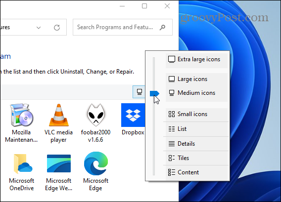 Rakenduse ikooni suuruse juhtpaneeli muutmine Windows 11