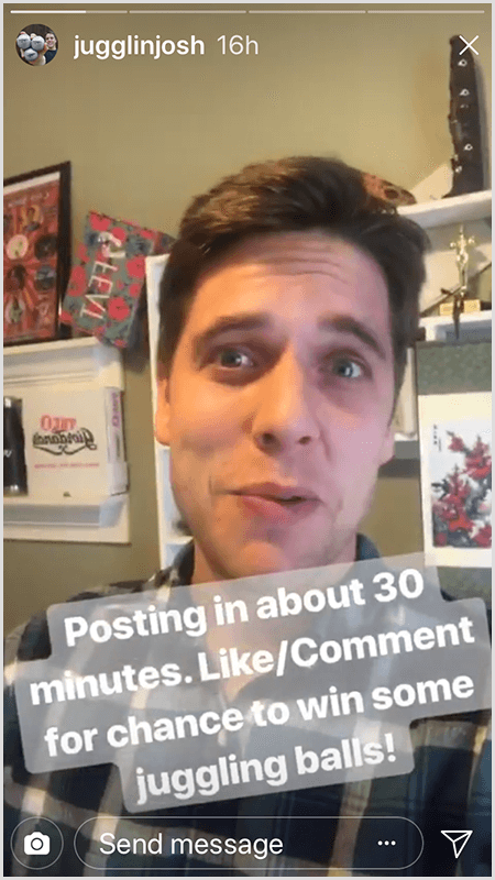 Josh Hortoni Instagrami lugude postitus näitab, kuidas Josh seisab kaamera ees tekstiga Postitades umbes 30 rahapajas. Meeldib / kommenteerige, et võita mõned žongleerimispallid!