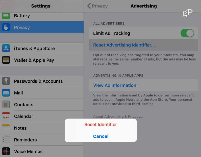 Lähtestage reklaami ID iOS