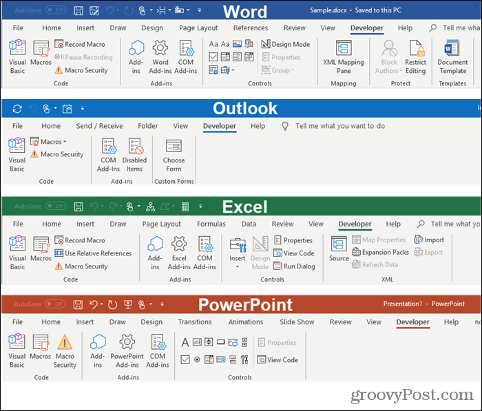 Microsoft Office'i programmide arendaja vahekaardid
