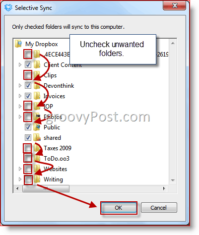 Windowsi selektiivse sünkroonimise Dropboxi kausta valik