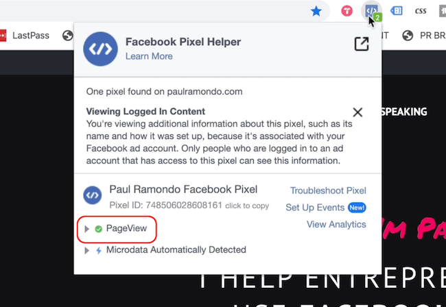 Facebook Pixel Helper näitab lehevaatamise sündmust