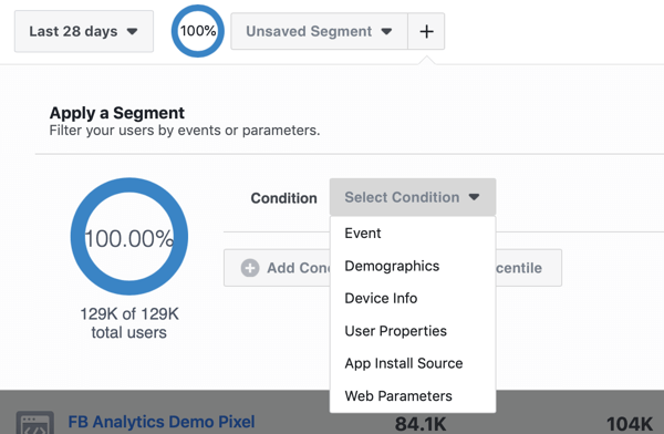Segmentide tingimusvalikud teie Facebook Analyticsi sündmuste allikarühmades.